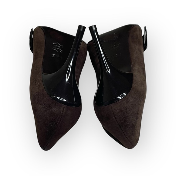 new Via Spiga ༄ Peep Toe Stiletto Heel Bow Pumps ༄ Suede Patent Leather ༄ Brown - Picture 12 of 16